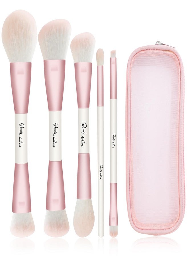START MAKERS Makeup Brushes 5Pcs Dual Ended Pink Makeup Brush Set for Foundation Blush Bronzer Concealer Contour Powder Highlight Eyebrow Eyeshadow Blending, Travel Makeup Brushes with Bag - Image 1